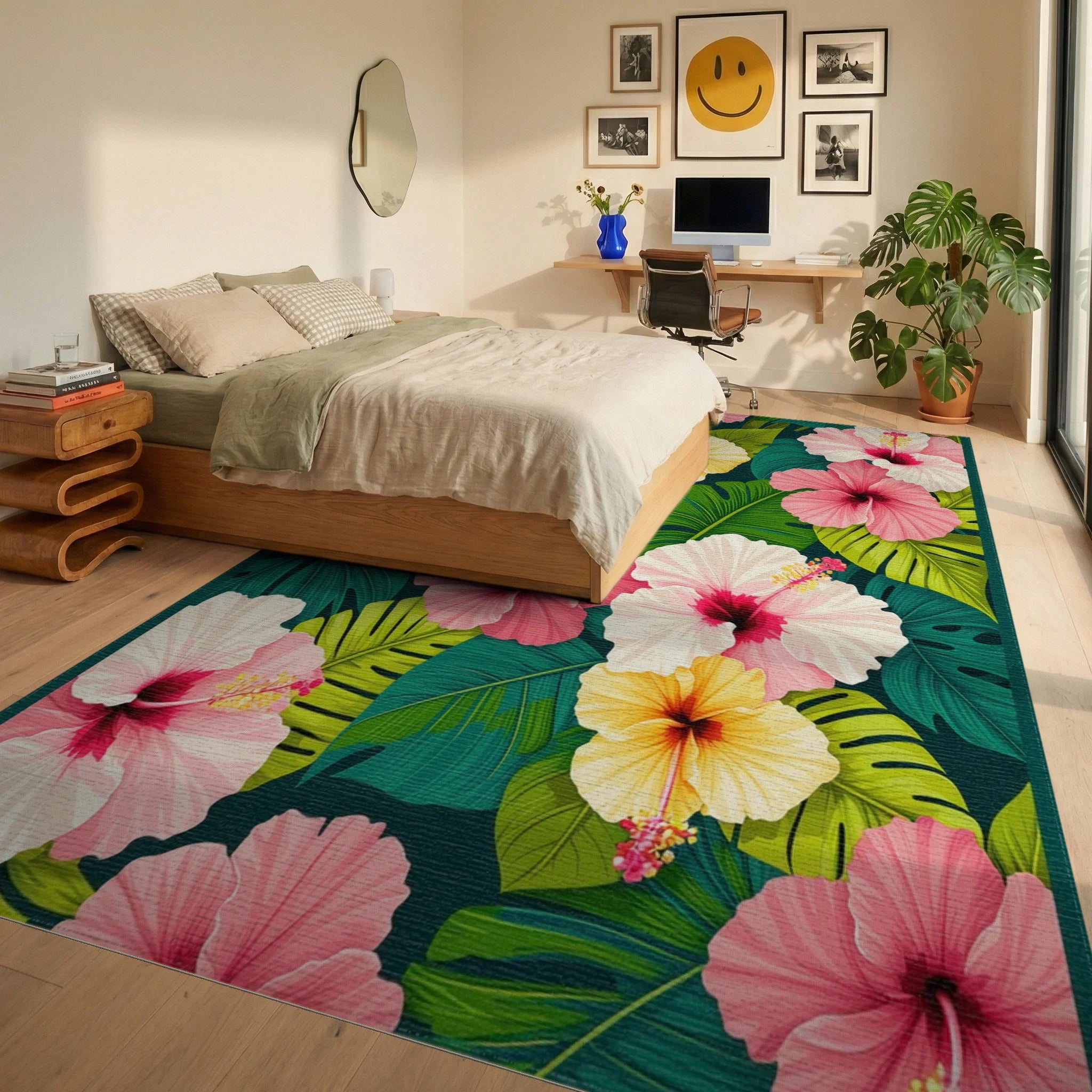 Vibrant Tropical Hibiscus Leaf Rug - Bedroom View