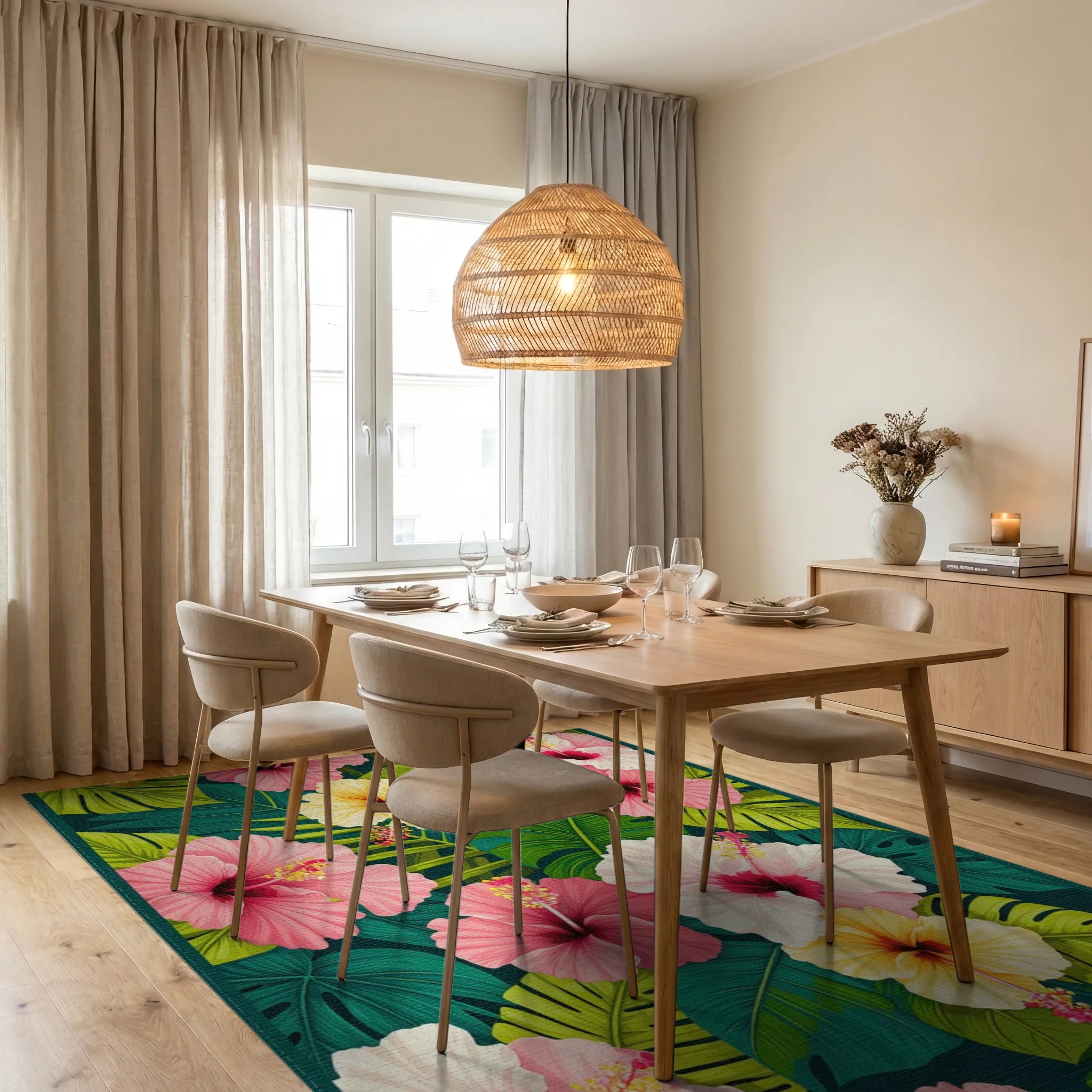 Vibrant Tropical Hibiscus Leaf Rug - Dining Room View