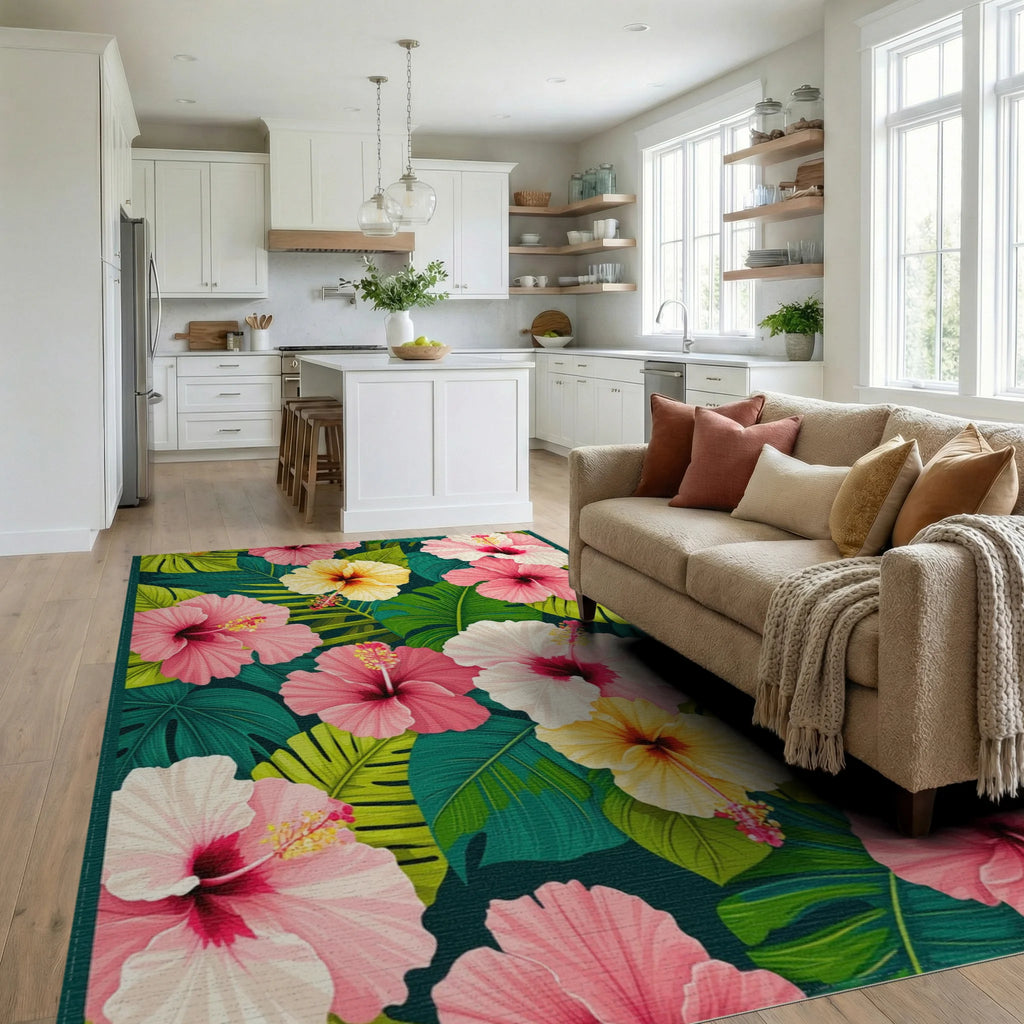 Vibrant Tropical Hibiscus Leaf Rug - Living Room View