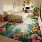 Vibrant Tropical Hibiscus Palm Leaf Border Rug Bedroom View