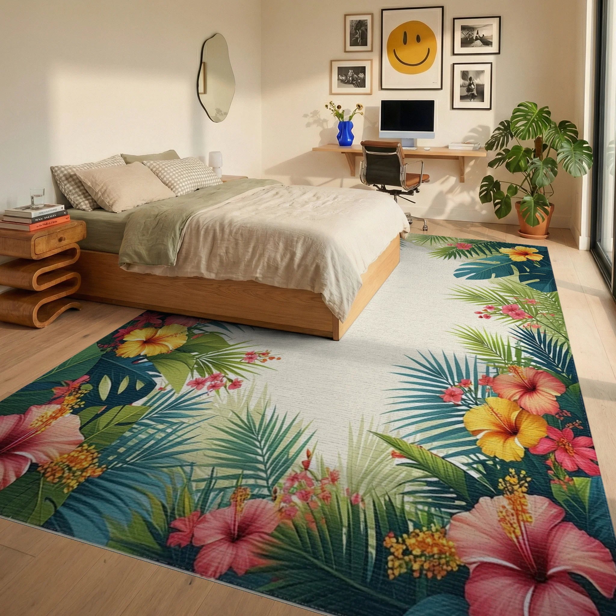 Vibrant Tropical Hibiscus Palm Leaf Border Rug Bedroom View