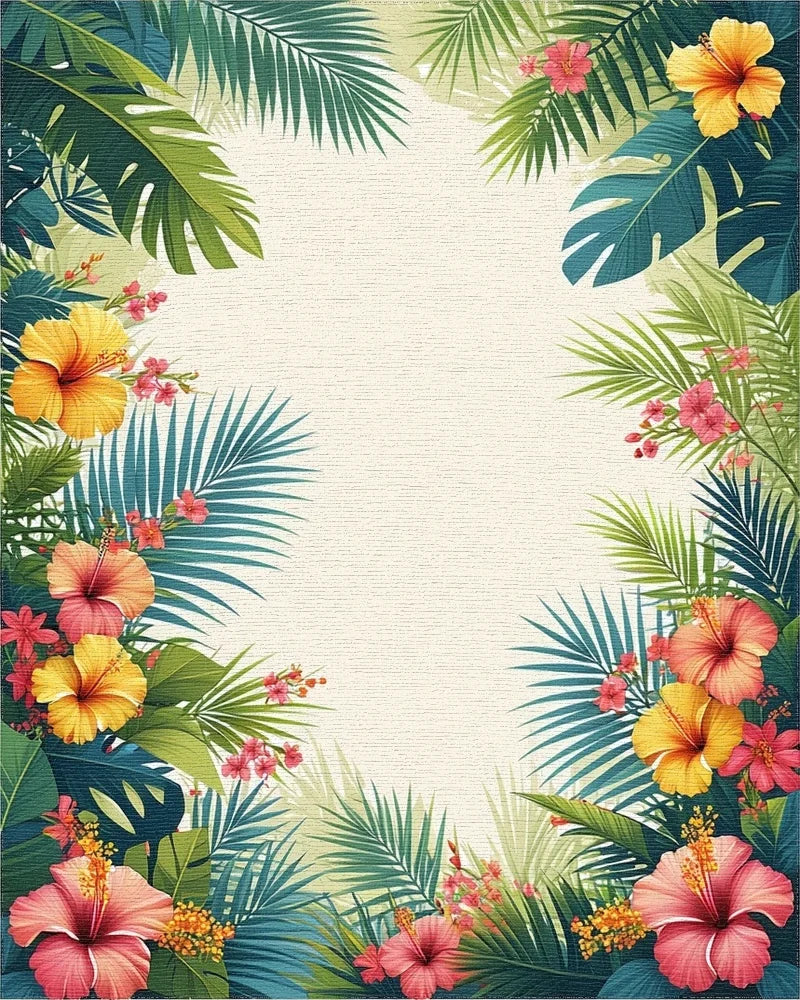 Vibrant Tropical Hibiscus Palm Leaf Border Rug - Cutout View