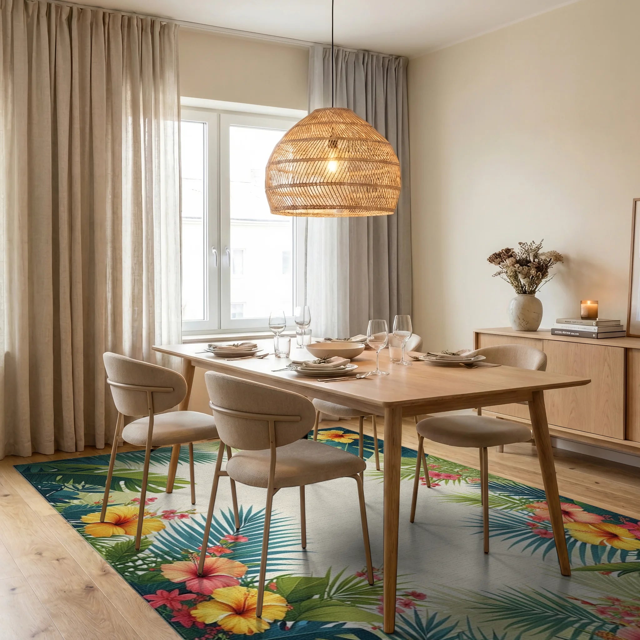 Vibrant Tropical Hibiscus Palm Leaf Border Rug Dining Room View