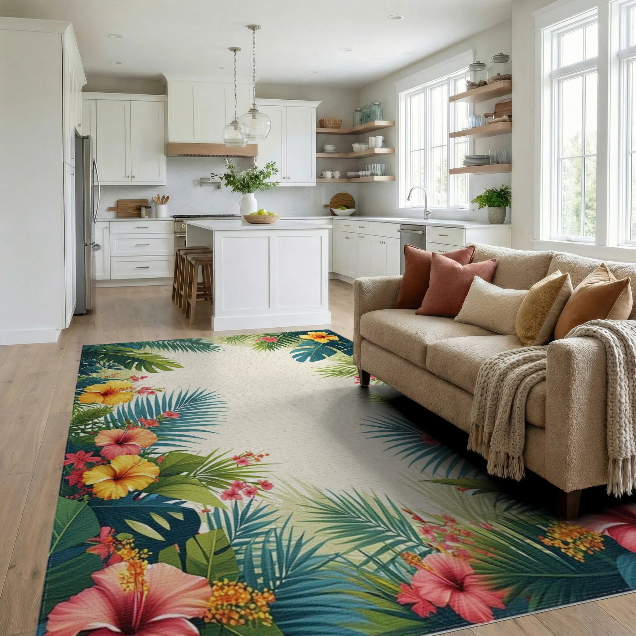 Vibrant Tropical Hibiscus Palm Leaf Border Rug Living Room View
