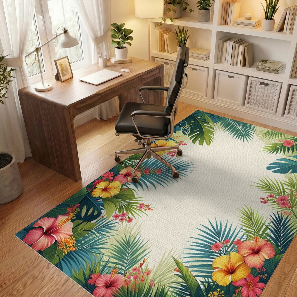 Vibrant Tropical Hibiscus Palm Leaf Border Rug Office View