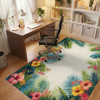 Vibrant Tropical Hibiscus Palm Leaf Border Rug Office View