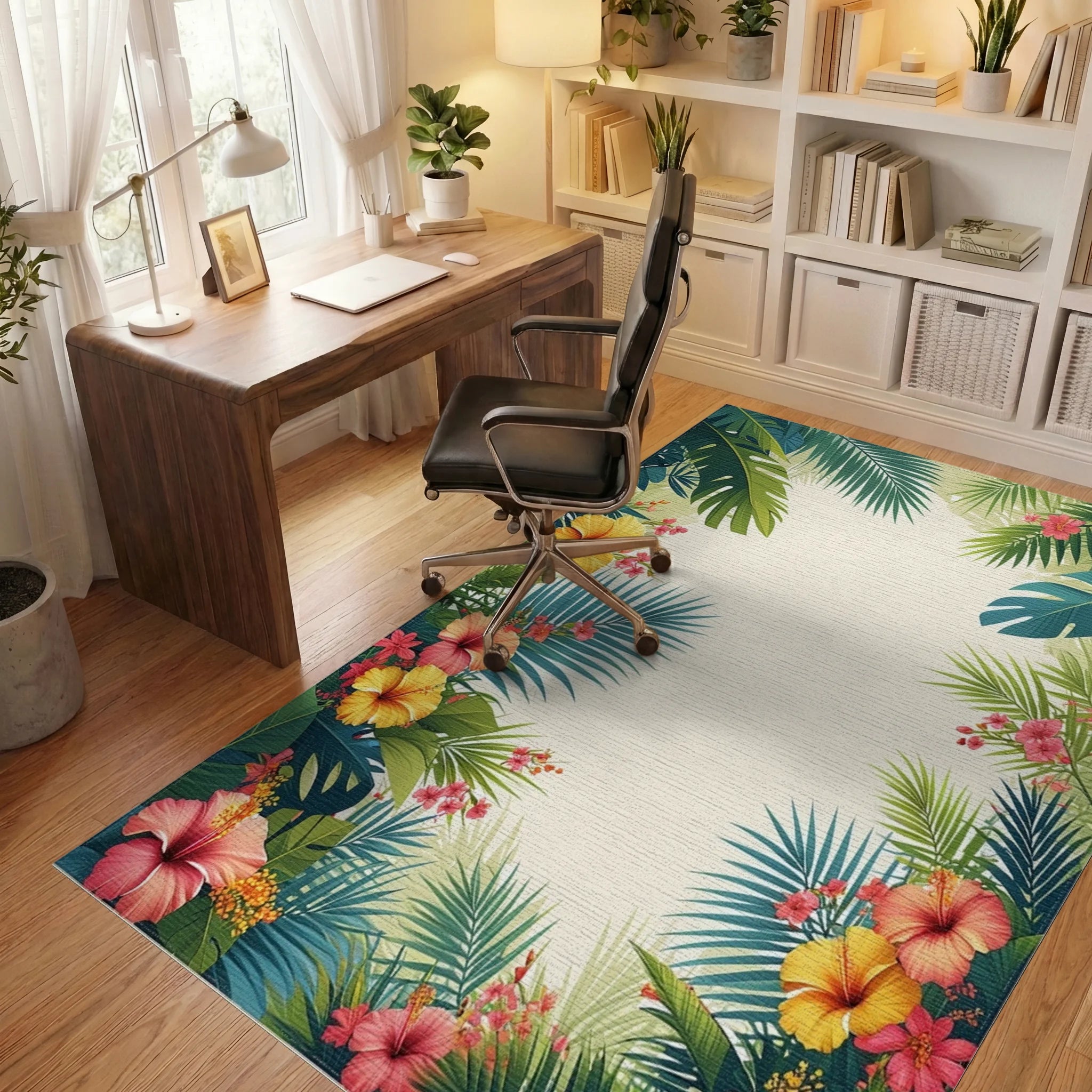 Vibrant Tropical Hibiscus Palm Leaf Border Rug Office View