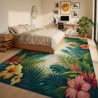 Vibrant Tropical Leaves Hibiscus Floral Rug Bedroom View
