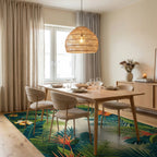 Vibrant Tropical Leaves Hibiscus Floral Rug Dining Room View