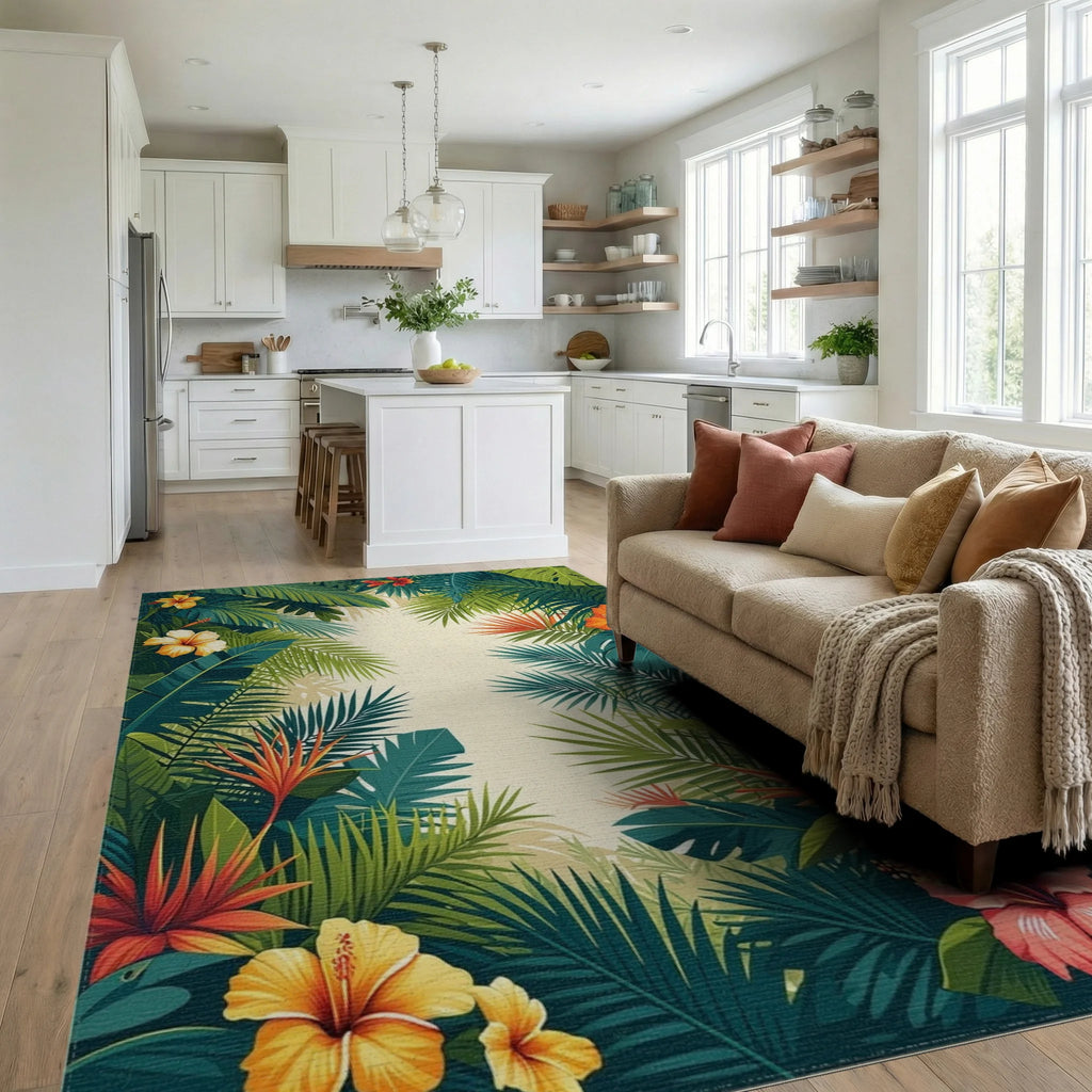 Vibrant Tropical Leaves Hibiscus Floral Rug Living Room View
