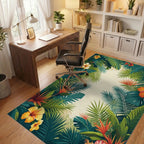 Vibrant Tropical Leaves Hibiscus Floral Rug Office View