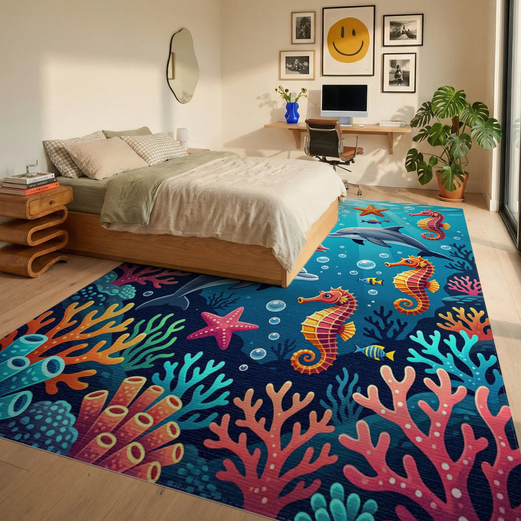 Vibrant Underwater Coral and Marine Life Rug Bedroom View