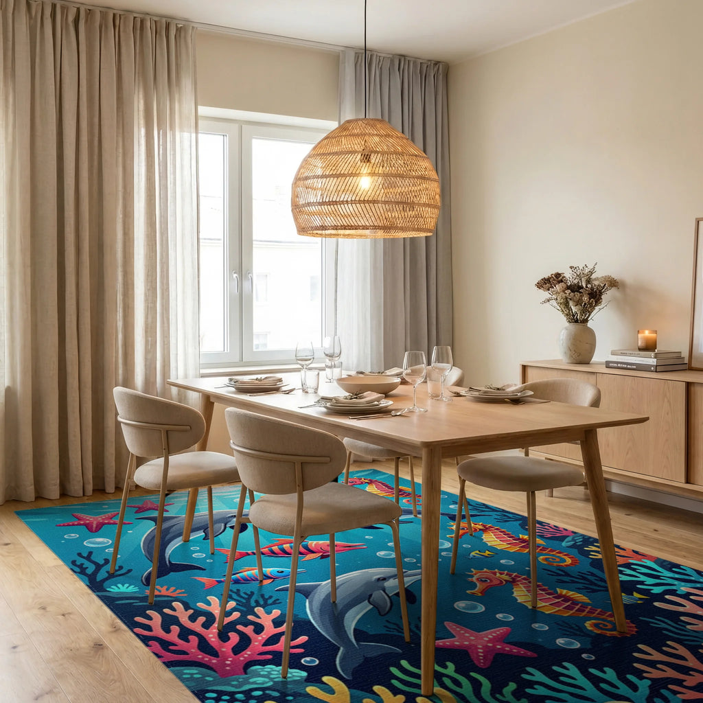 Vibrant Underwater Coral and Marine Life Rug Dining Room View