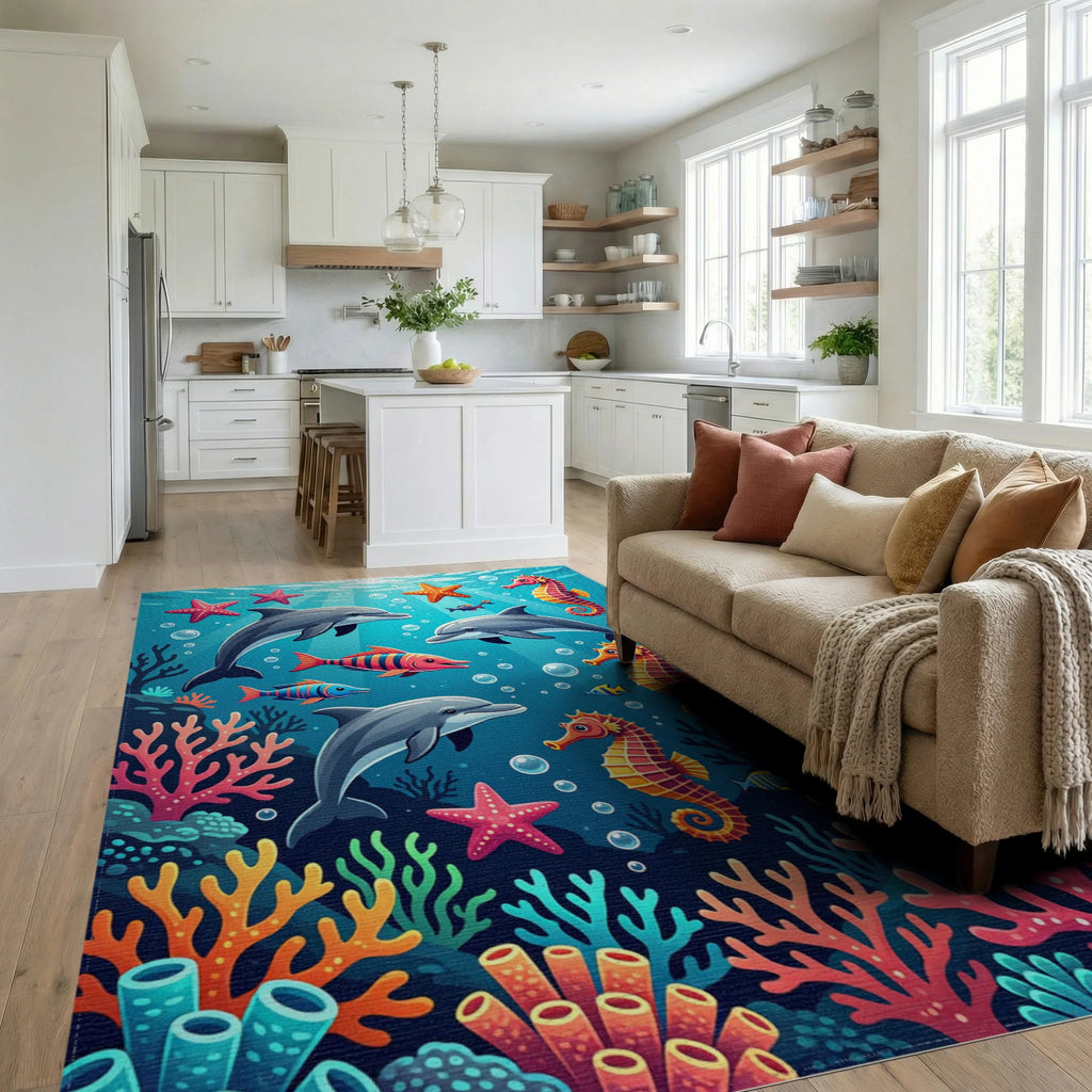 Vibrant Underwater Coral and Marine Life Rug Living Room View