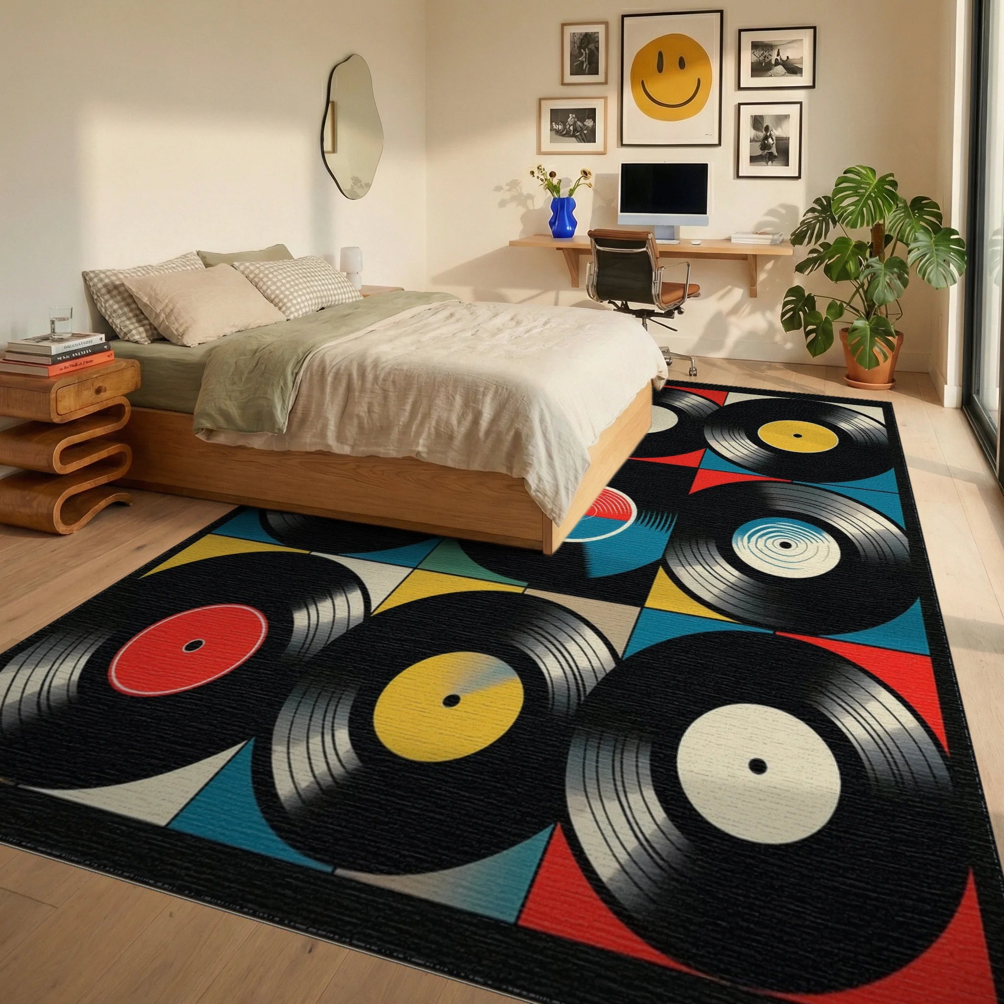 Vibrant Vinyl Records Grid Rug - Bedroom View