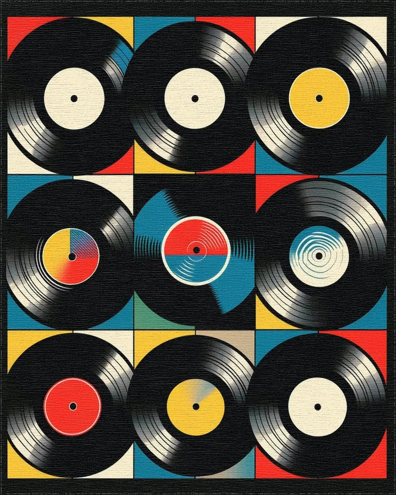 Vibrant Vinyl Records Grid Rug - Cutout View
