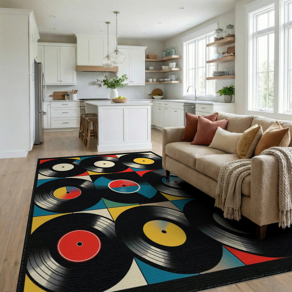 Vibrant Vinyl Records Grid Rug - Living Room View