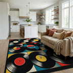 Vibrant Vinyl Records Grid Rug - Living Room View