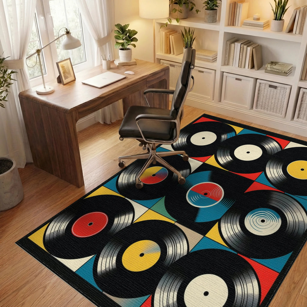 Vibrant Vinyl Records Grid Rug - Office View