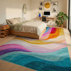 Vibrant Wavy Rainbow Color Flow Rug - Bedroom View