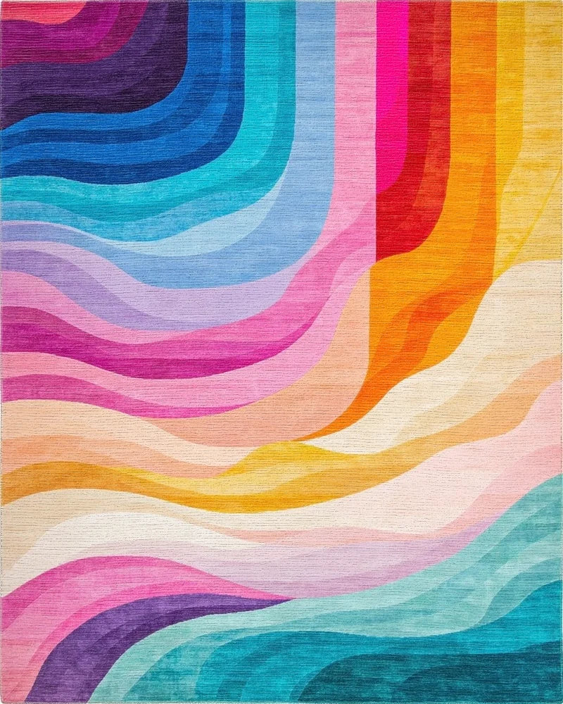 Vibrant Wavy Rainbow Color Flow Rug - Cutout View