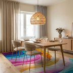 Vibrant Wavy Rainbow Color Flow Rug - Dining Room View