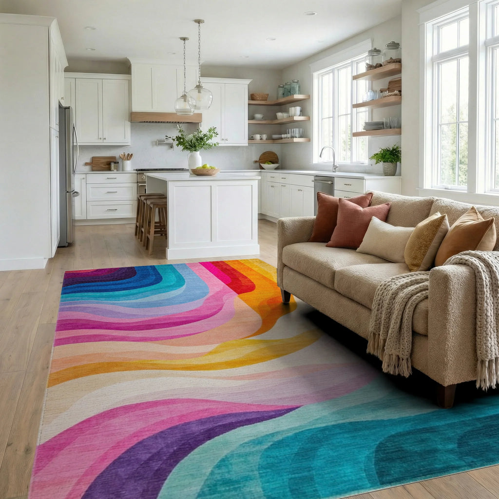 Vibrant Wavy Rainbow Color Flow Rug - Living Room View