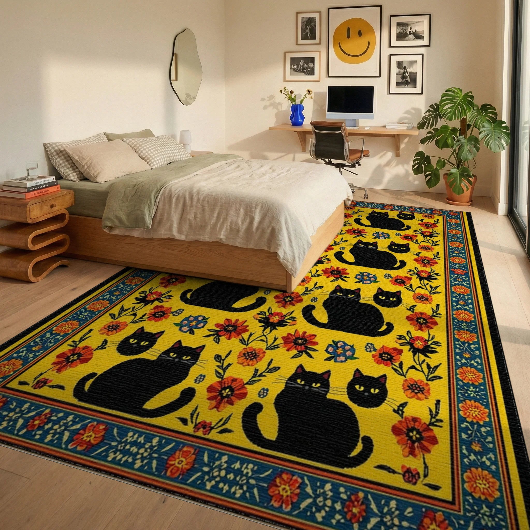 Vibrant Yellow Black Cats Floral Rug - Bedroom View