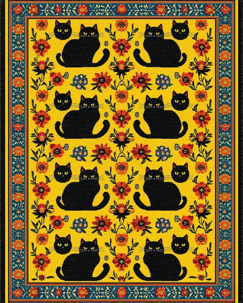 Vibrant Yellow Black Cats Floral Rug - Cutout View