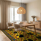 Vibrant Yellow Black Cats Floral Rug - Dining Room View