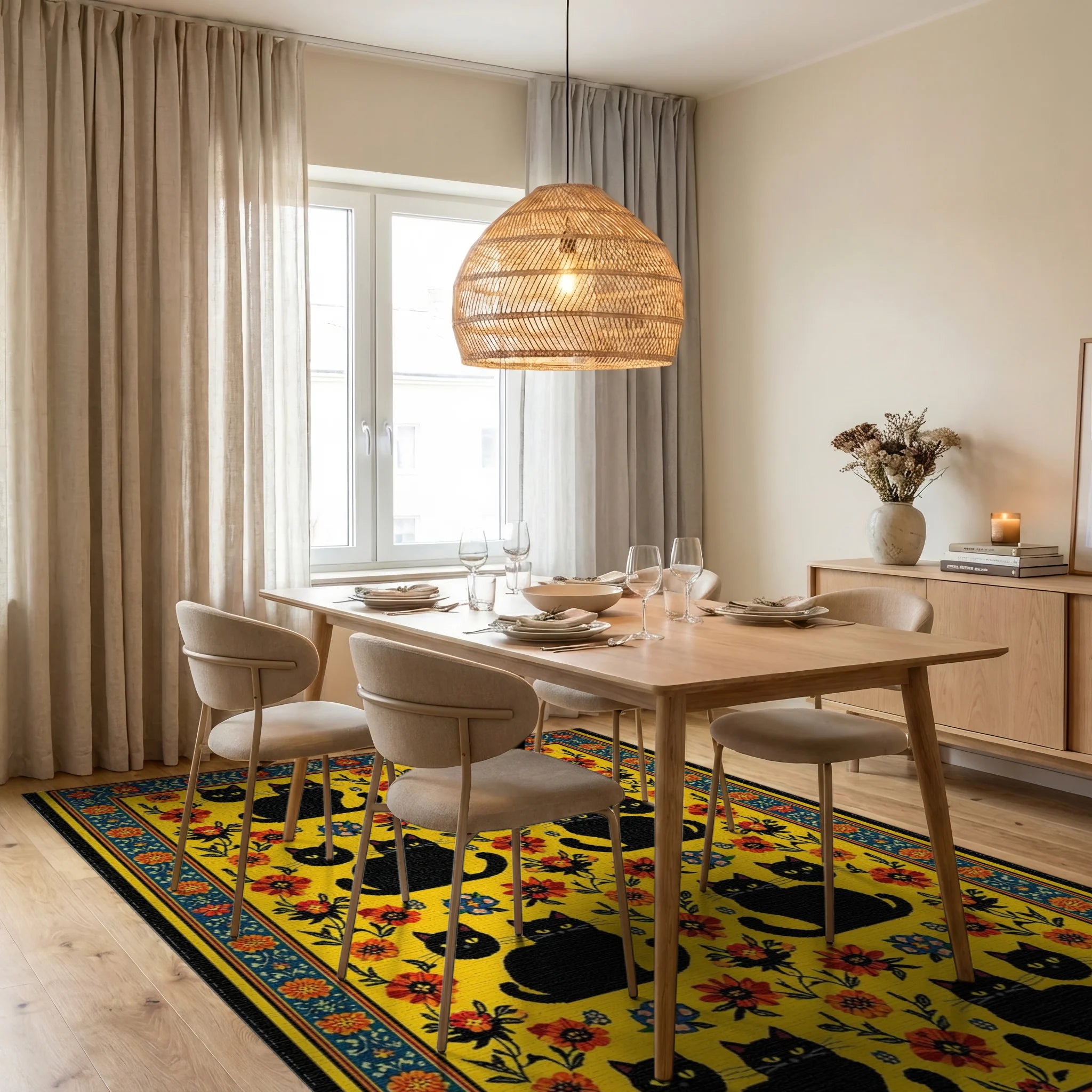 Vibrant Yellow Black Cats Floral Rug - Dining Room View