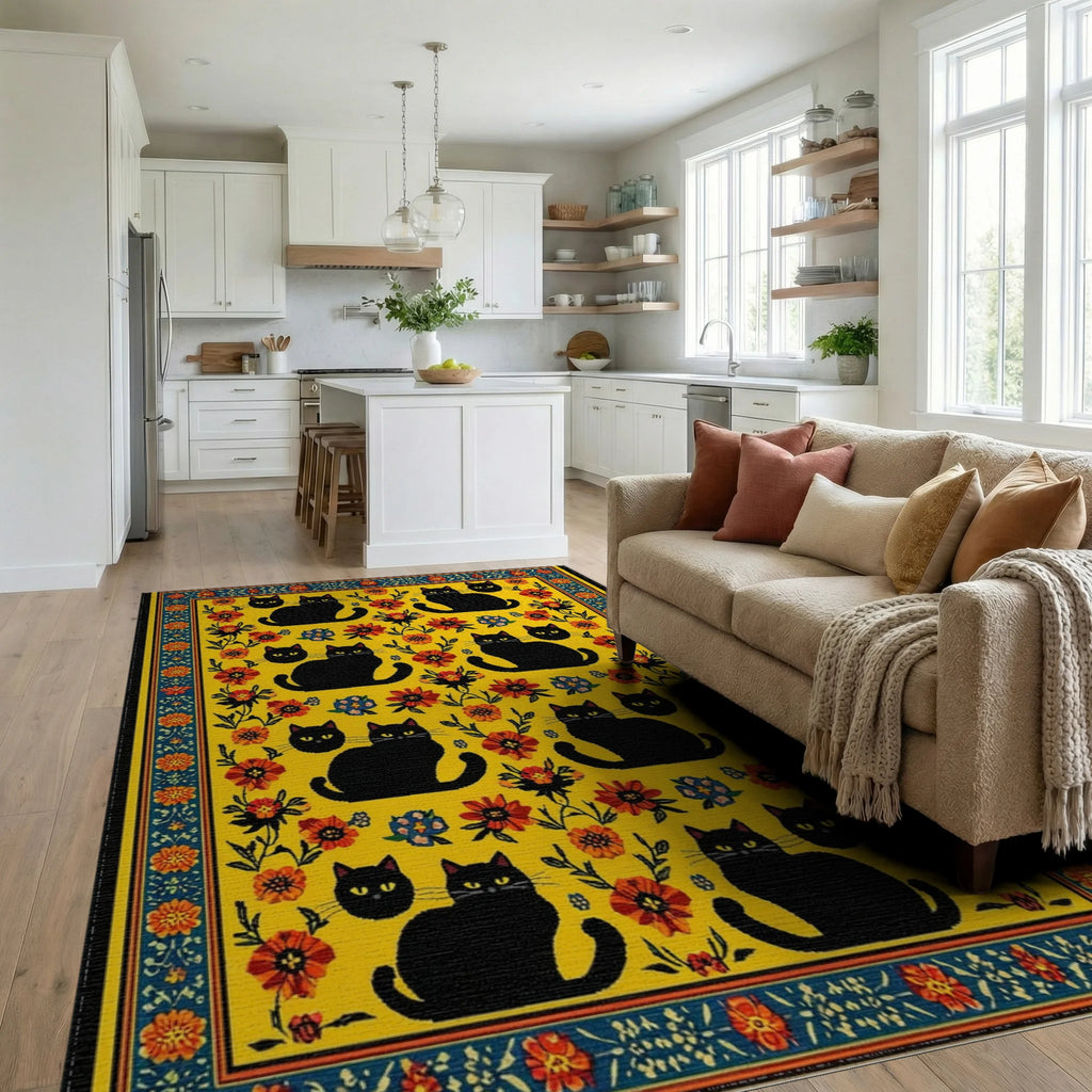 Vibrant Yellow Black Cats Floral Rug - Living Room View