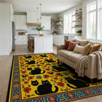 Vibrant Yellow Black Cats Floral Rug - Living Room View