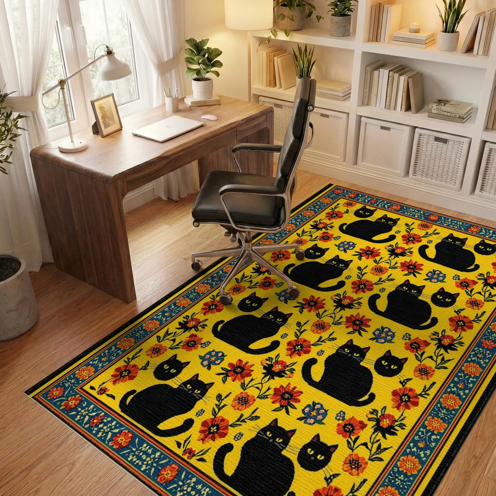 Vibrant Yellow Black Cats Floral Rug - Office View