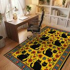 Vibrant Yellow Black Cats Floral Rug - Office View