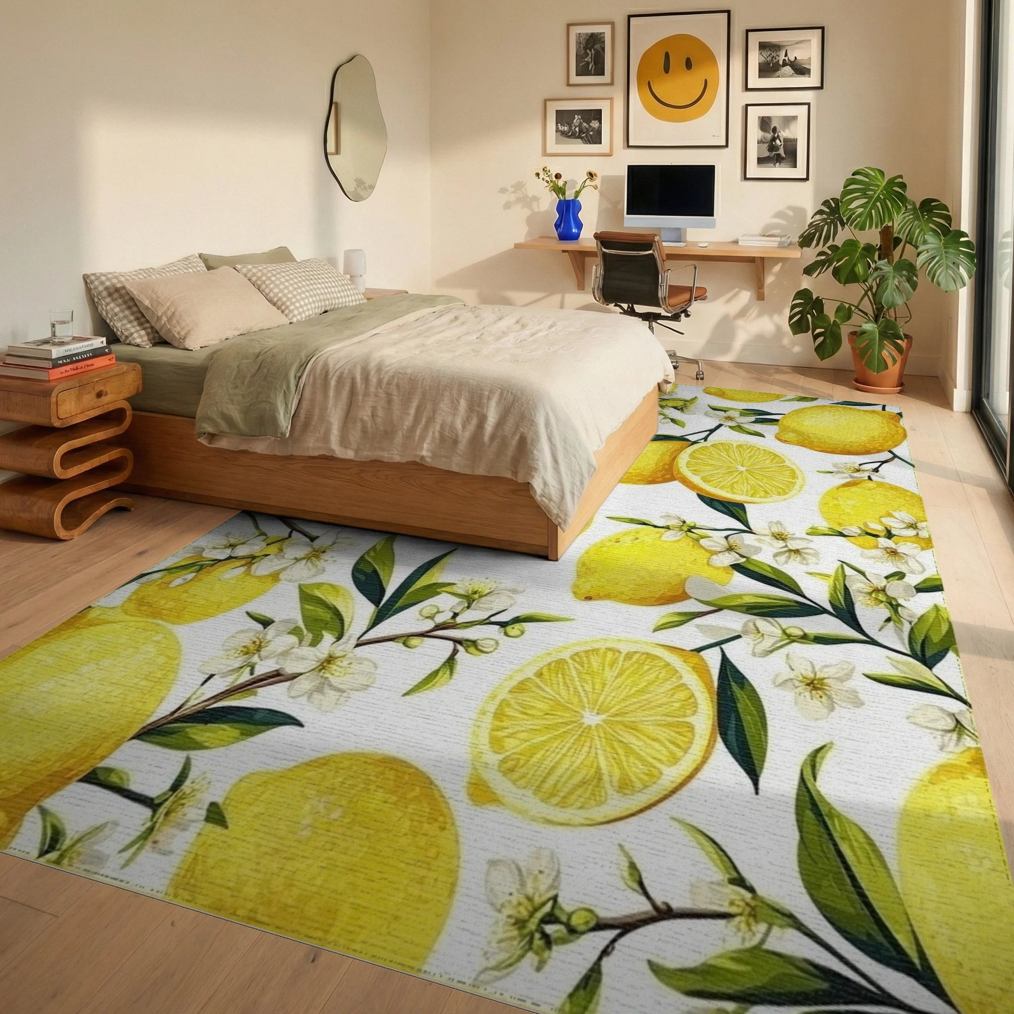 Vibrant Yellow Lemon Blossom Pattern Rug - Bedroom View