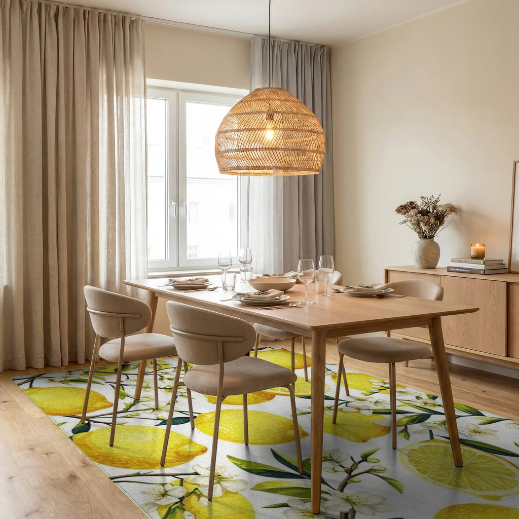 Vibrant Yellow Lemon Blossom Pattern Rug - Dining Room View