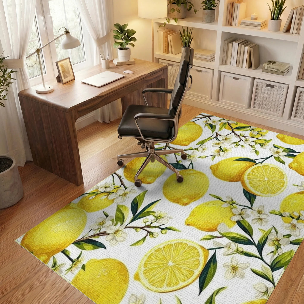 Vibrant Yellow Lemon Blossom Pattern Rug - Office View