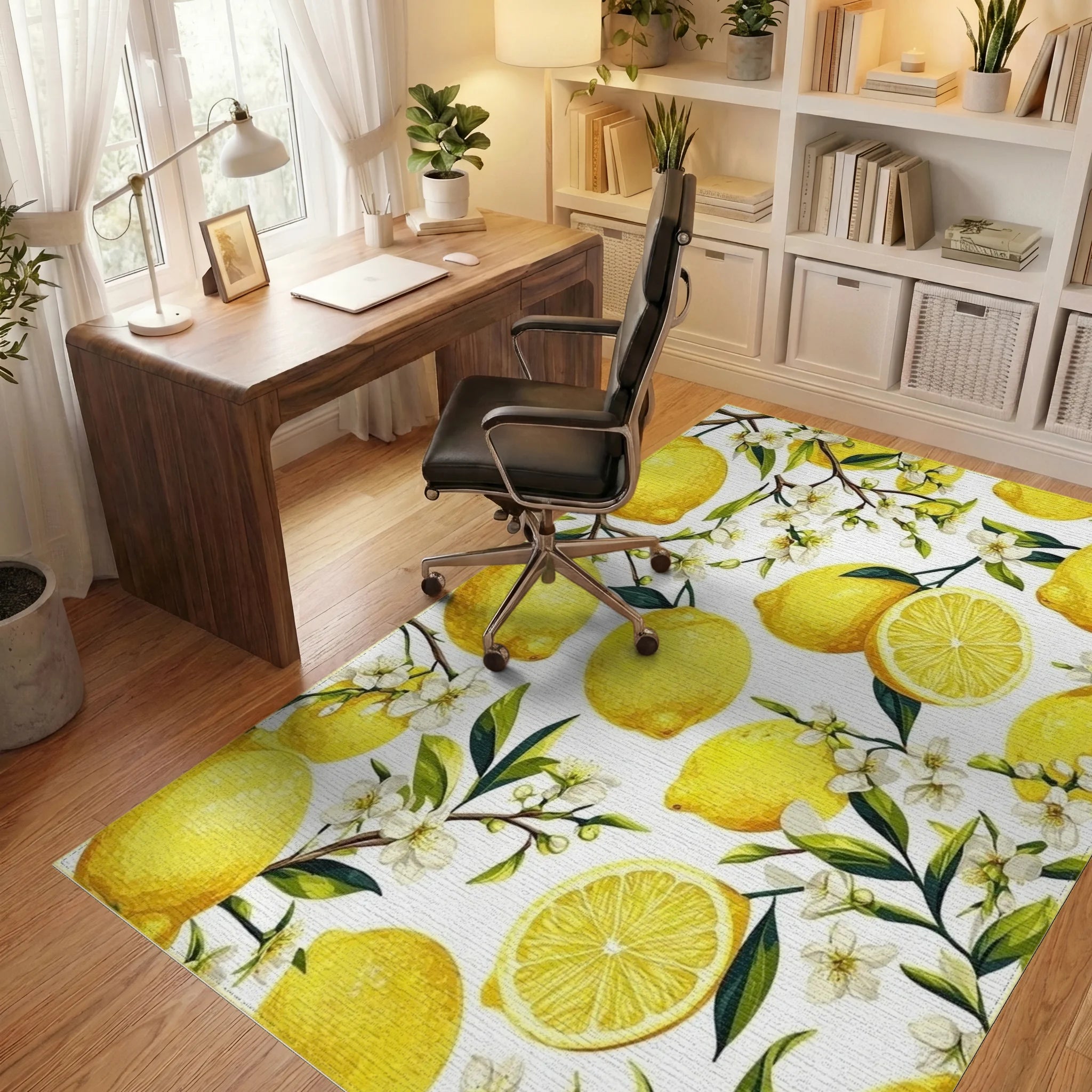 Vibrant Yellow Lemon Blossom Pattern Rug - Office View