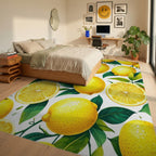 Vibrant Yellow Sliced Lemons Leaves Rug - Bedroom View