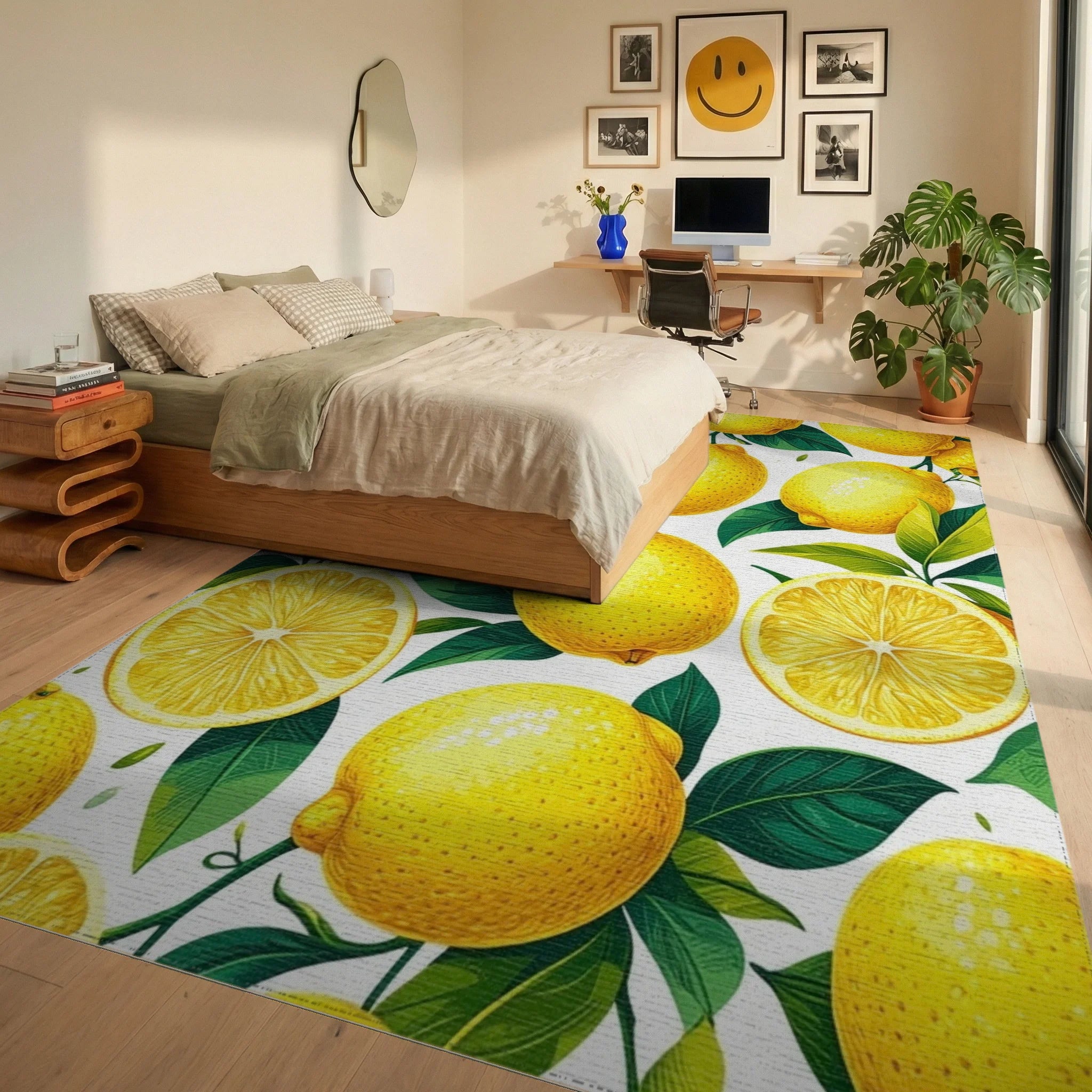 Vibrant Yellow Sliced Lemons Leaves Rug - Bedroom View