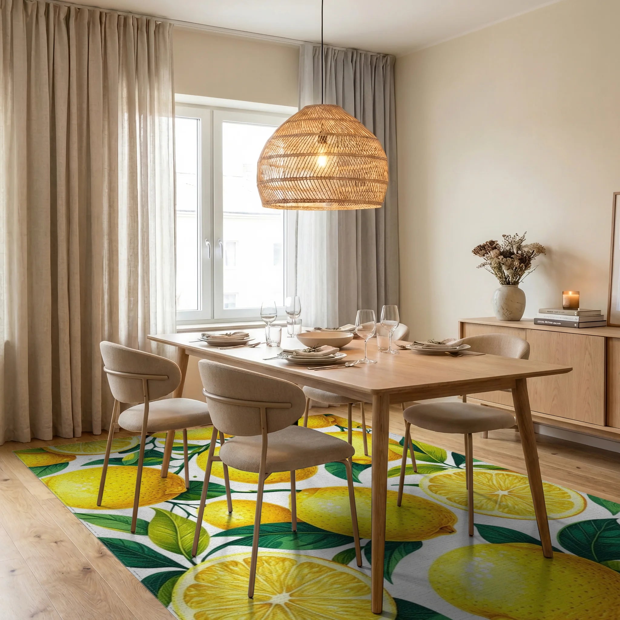 Vibrant Yellow Sliced Lemons Leaves Rug - Dining Room View