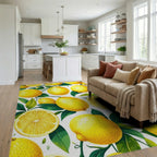 Vibrant Yellow Sliced Lemons Leaves Rug - Living Room View
