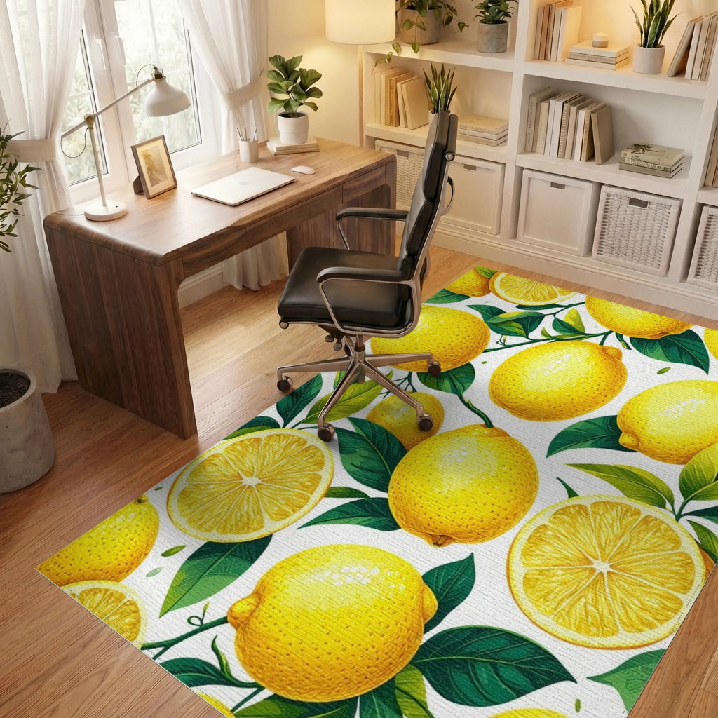 Vibrant Yellow Sliced Lemons Leaves Rug - Office View
