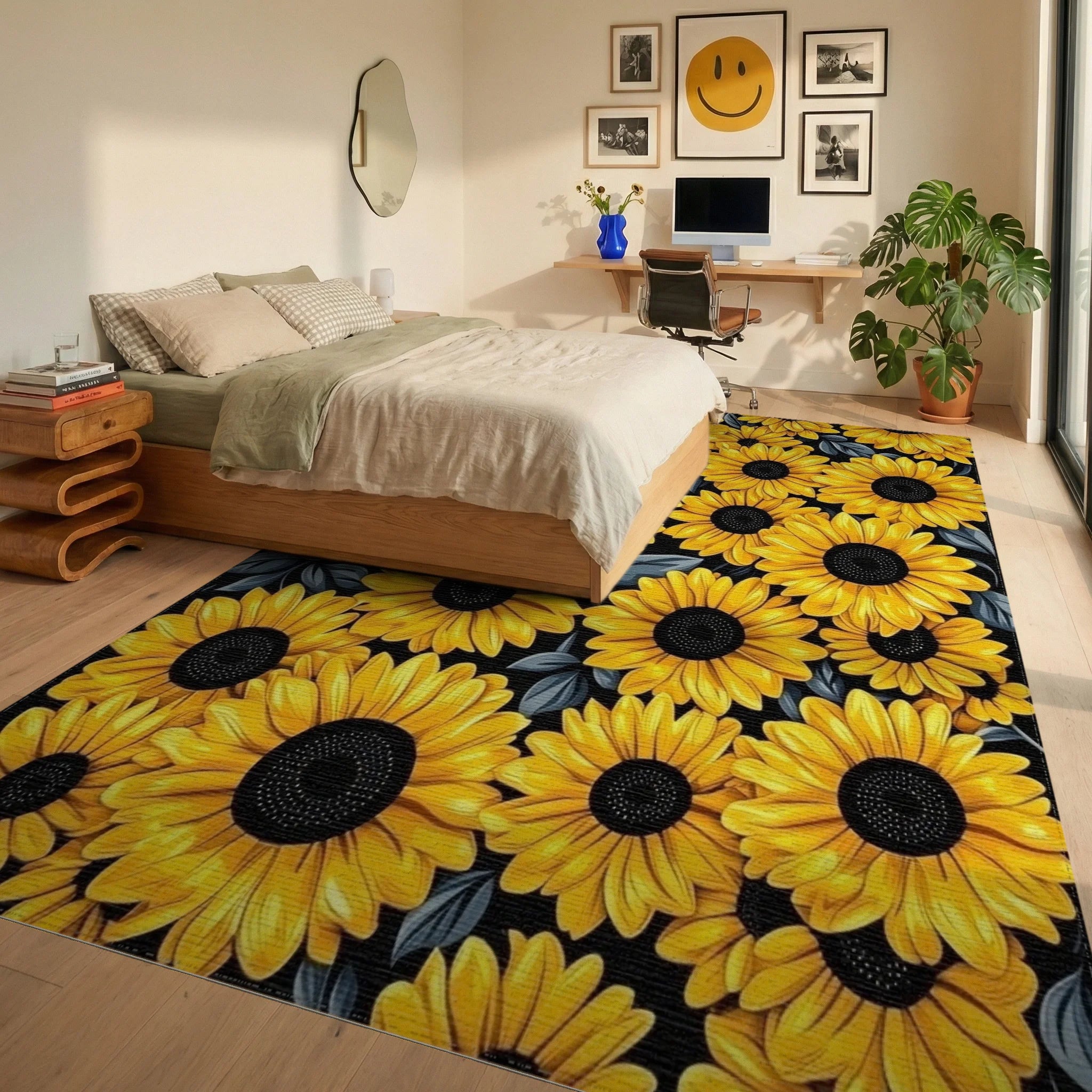 Vibrant Yellow Sunflowers Black Rug - Bedroom View