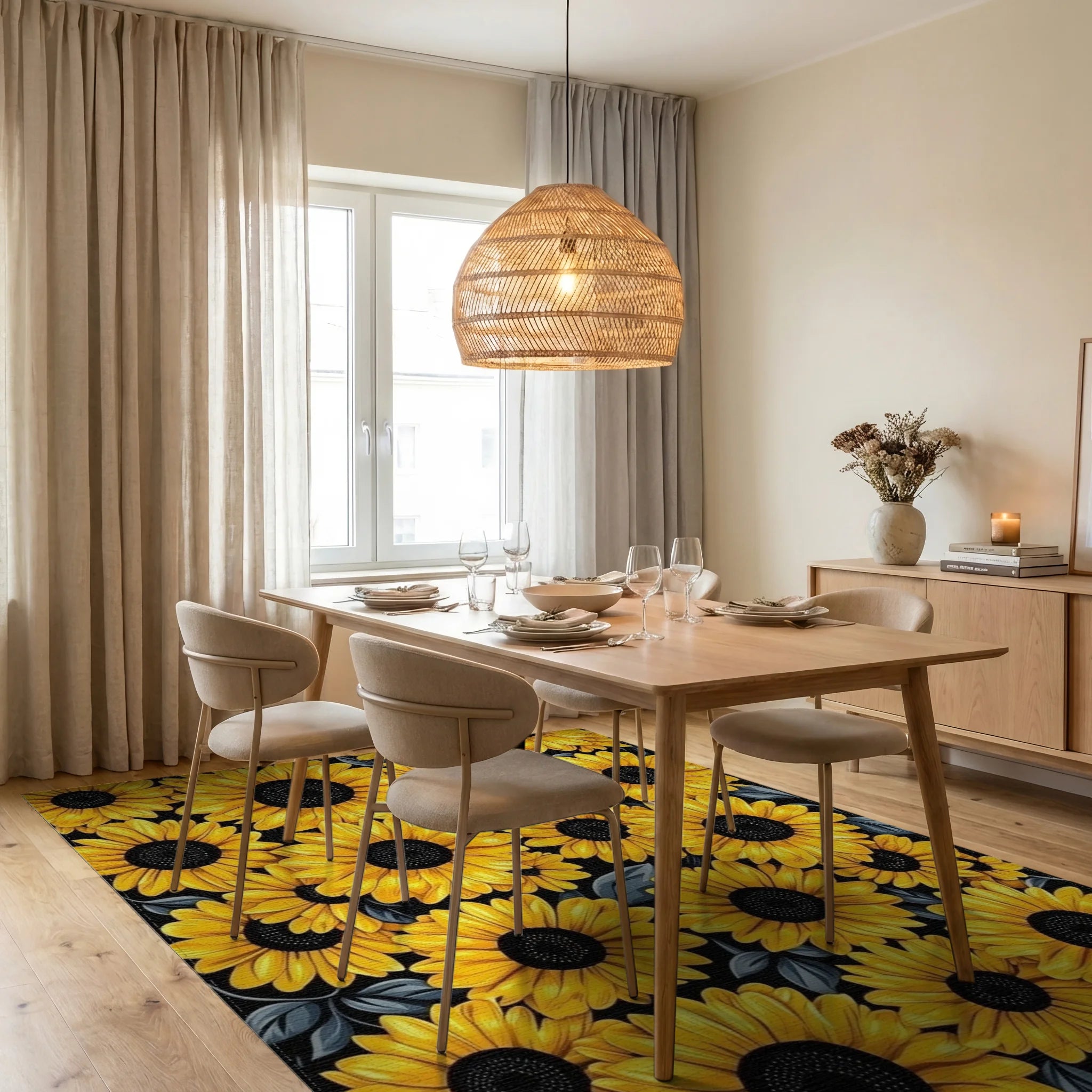 Vibrant Yellow Sunflowers Black Rug - Dining Room View