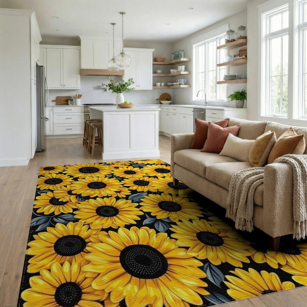 Vibrant Yellow Sunflowers Black Rug - Living Room View