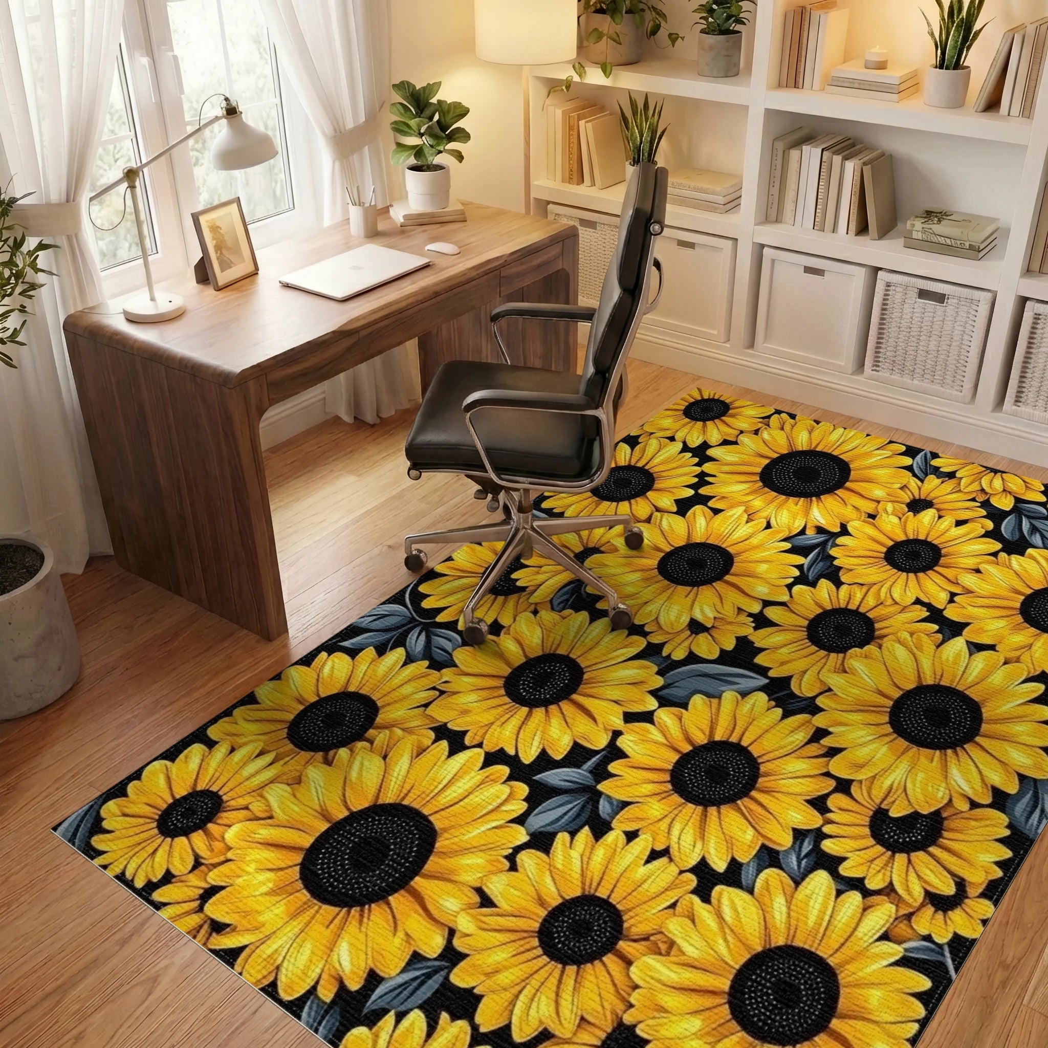 Vibrant Yellow Sunflowers Black Rug - Office View