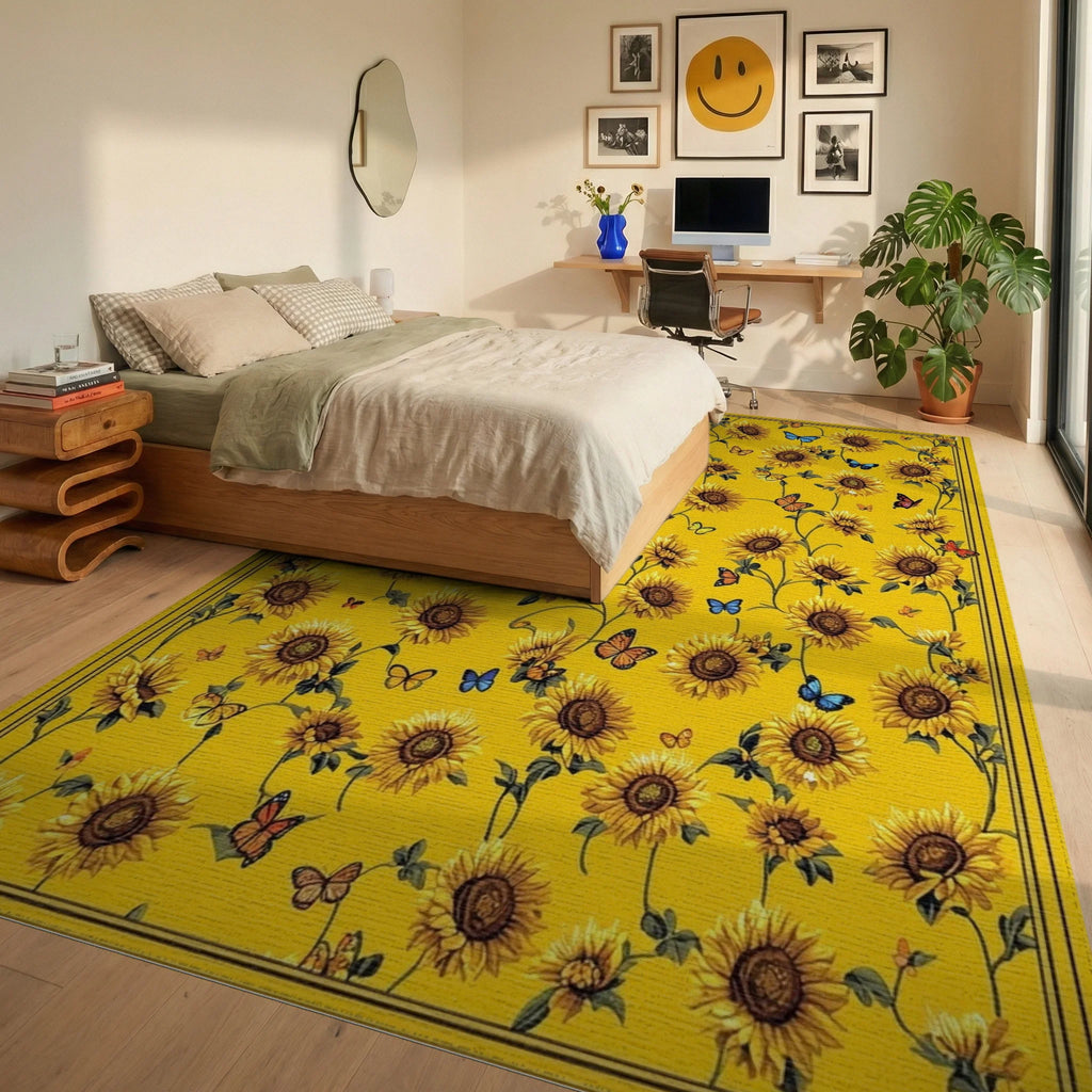 Vibrant Yellow Sunflowers Butterflies Rug - Bedroom View