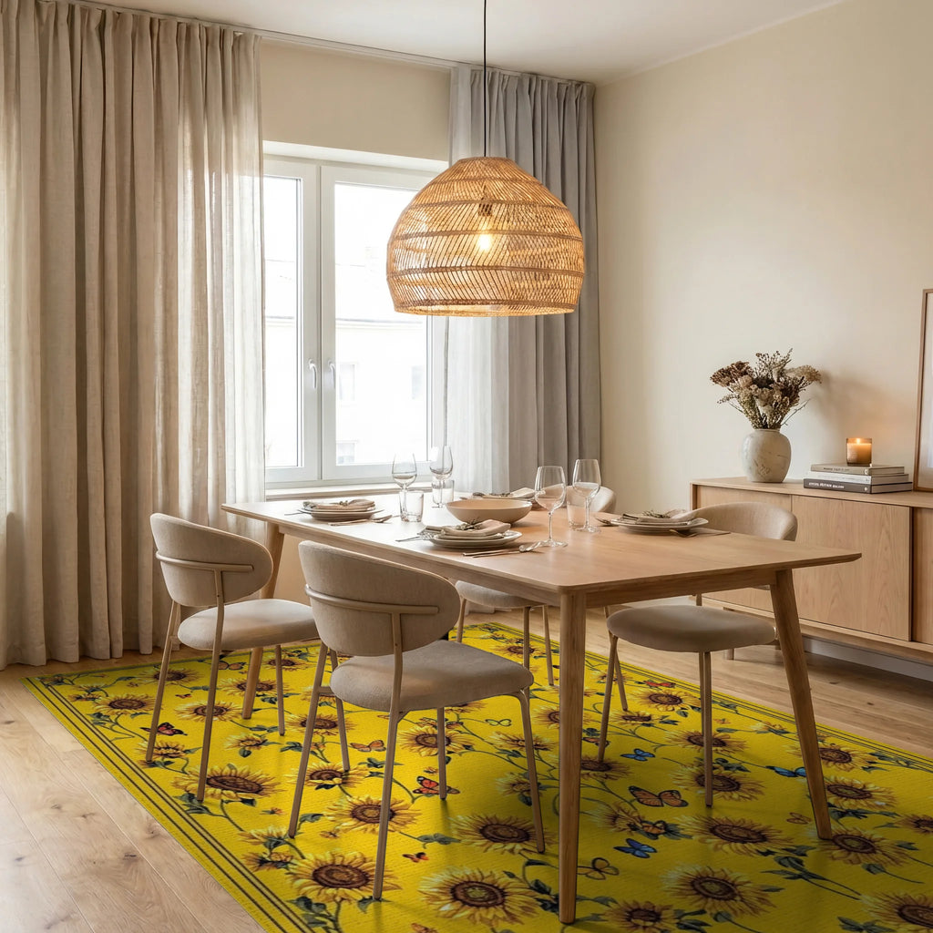 Vibrant Yellow Sunflowers Butterflies Rug - Dining Room View